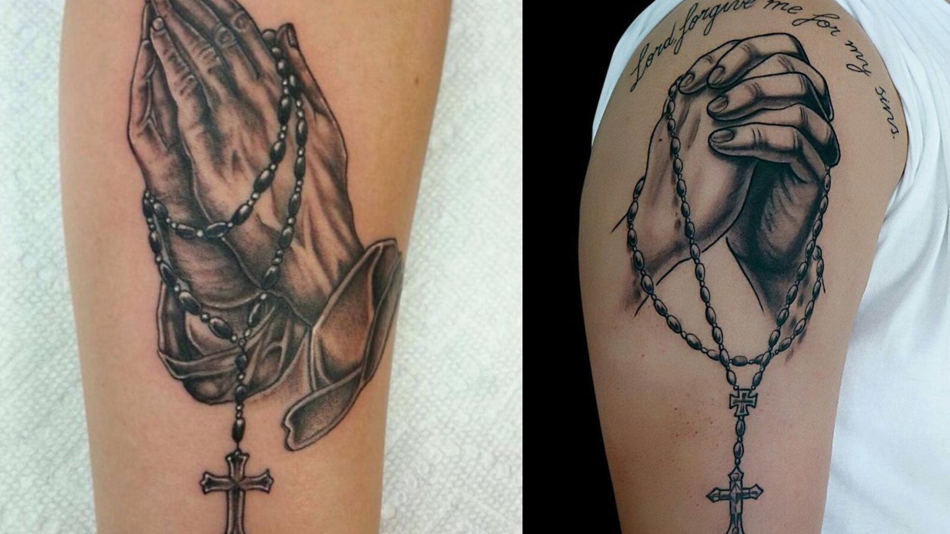 Cross With Folded Hands Tattoo
